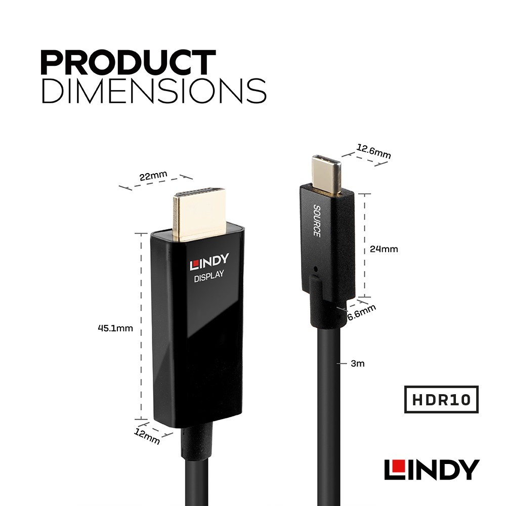 即納-96時間限定 LINDY USB TypeC HDMI2.0 HDRアダプタケーブル、3m(型番:43293)